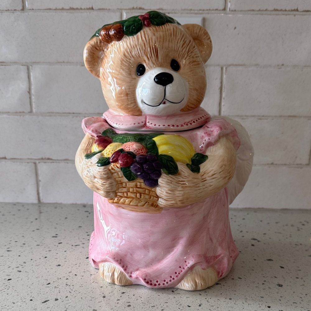VINTAGE 1996 Pink Ceramic Angel Bear Cookie Jar with Fruit Basket Holiday
